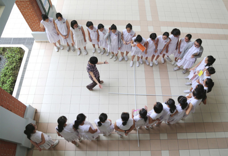The tiled floor becomes graph paper as students plot themselves to solve the Quadratic equation.